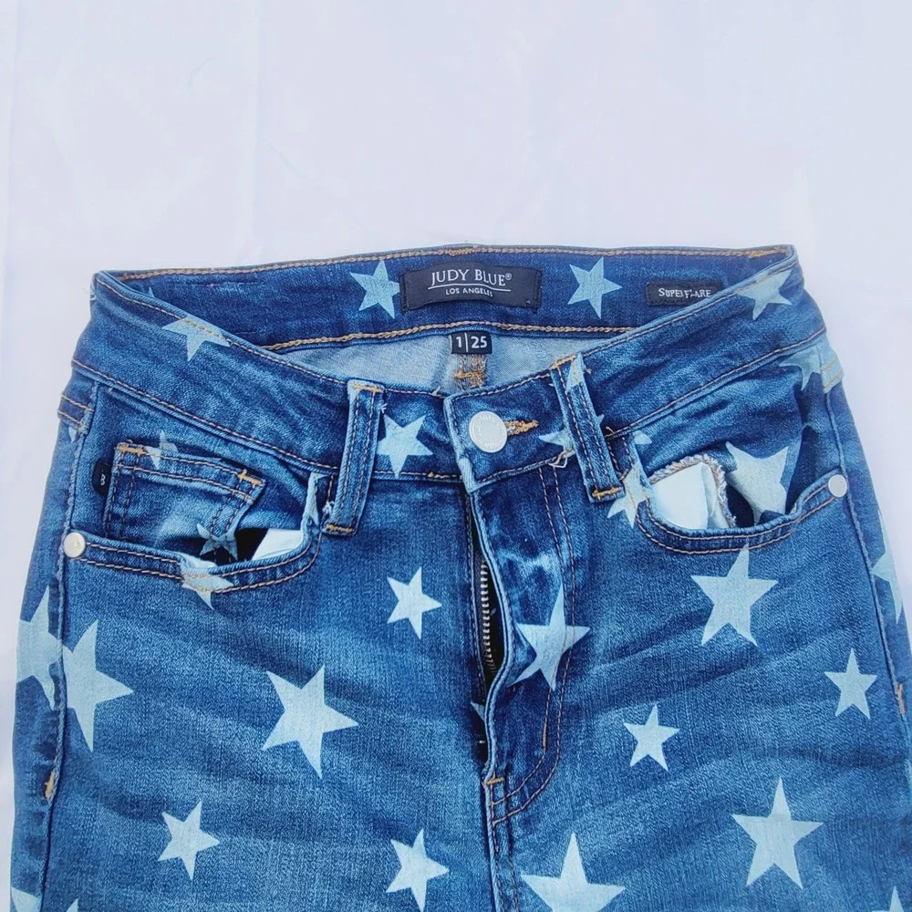 Judy Blue Women's Super Flare Bell Bottom Jeans Sz 1/25 Blue Star Print